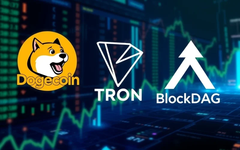 Dogecoin news today featuring Tron governance concerns and BlockDAG's $356M presale success