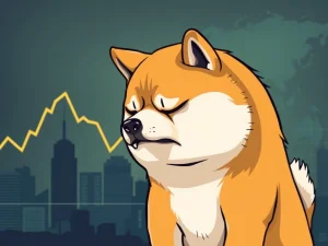 A distressed Dogecoin character symbolizing the shocking 11% Dogecoin price drop amidst market volatility.