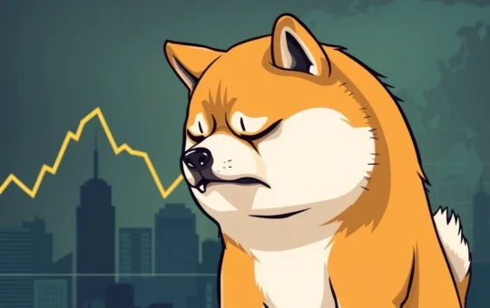 A distressed Dogecoin character symbolizing the shocking 11% Dogecoin price drop amidst market volatility.