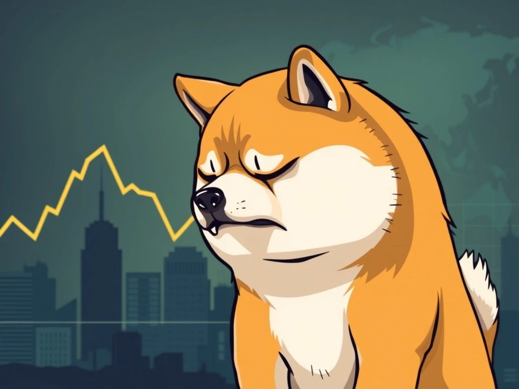 A distressed Dogecoin character symbolizing the shocking 11% Dogecoin price drop amidst market volatility.