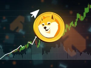 A vibrant chart showing a Dogecoin price prediction with an upward arrow from a double bottom pattern, indicating a potential rally.