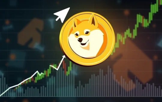 A vibrant chart showing a Dogecoin price prediction with an upward arrow from a double bottom pattern, indicating a potential rally.