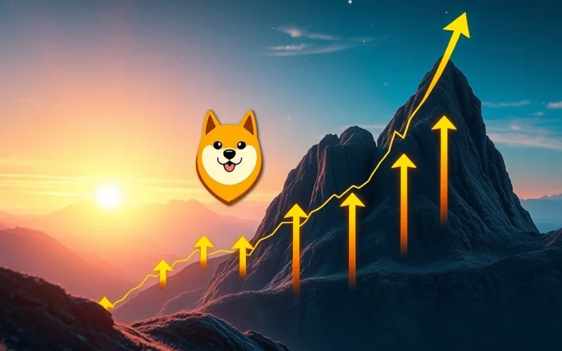 A Dogecoin price chart displaying a bullish pattern, with an upward arrow indicating a potential DOGE price surge towards higher targets.