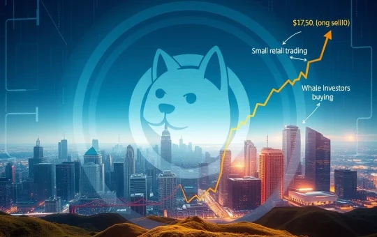 A chart showing a Dogecoin price dip with green arrows indicating whale accumulation, signaling a potential recovery for DOGE.