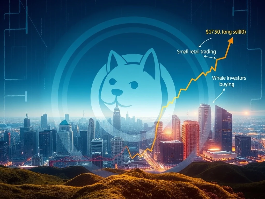 A chart showing a Dogecoin price dip with green arrows indicating whale accumulation, signaling a potential recovery for DOGE.