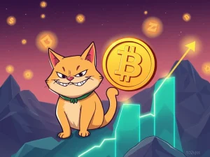 A playful Troller Cat character standing confidently next to a Dogecoin symbol, illustrating the exciting Dogecoin News and Troller Cat's significant presale ROI potential.