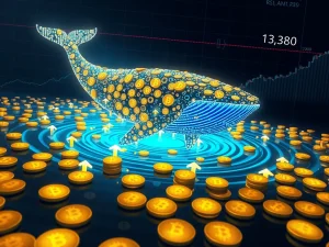 A large digital whale, representing Dogecoin whales, dives into a pool of DOGE coins, signaling a potential DOGE price recovery as market indicators turn positive.