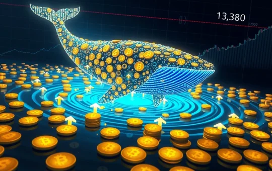 A large digital whale, representing Dogecoin whales, dives into a pool of DOGE coins, signaling a potential DOGE price recovery as market indicators turn positive.