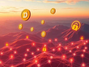 A visual representation of the transformative Dogecoin ZK Upgrade, showing Dogecoin and Shiba Inu symbols amidst growth charts and decentralized social network elements, symbolizing market evolution.