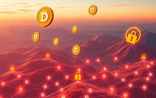 A visual representation of the transformative Dogecoin ZK Upgrade, showing Dogecoin and Shiba Inu symbols amidst growth charts and decentralized social network elements, symbolizing market evolution.