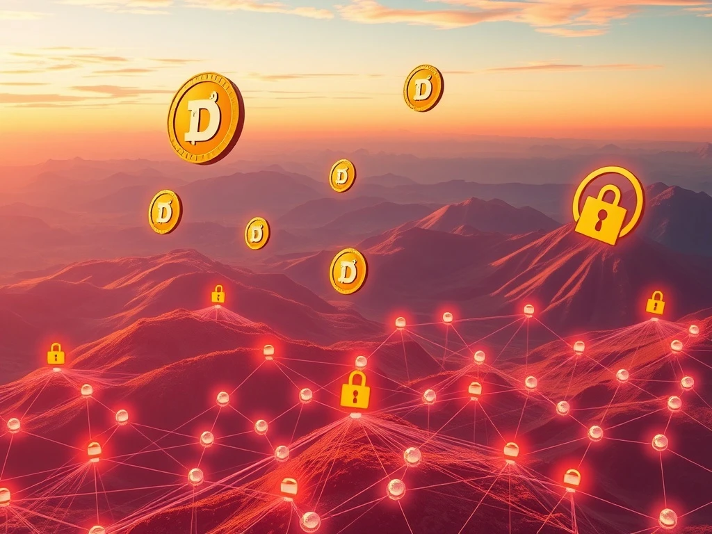 A visual representation of the transformative Dogecoin ZK Upgrade, showing Dogecoin and Shiba Inu symbols amidst growth charts and decentralized social network elements, symbolizing market evolution.