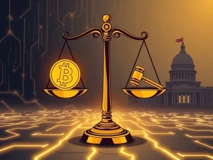 A visual representation of the serious implications of DOJ crypto enforcement, showing legal scrutiny over blockchain and digital assets.