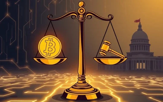 A visual representation of the serious implications of DOJ crypto enforcement, showing legal scrutiny over blockchain and digital assets.