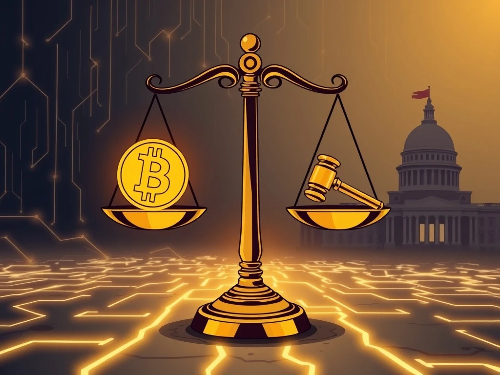 A visual representation of the serious implications of DOJ crypto enforcement, showing legal scrutiny over blockchain and digital assets.