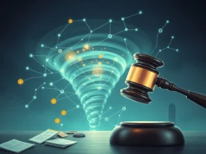 A digital gavel striking a blockchain network, symbolizing the DOJ's legal action against Dragonfly Capital regarding its Tornado Cash investment.