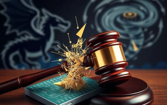 A gavel poised over a blockchain, symbolizing the DOJ's unprecedented legal action against Dragonfly Capital regarding Tornado Cash.