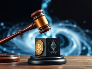 A gavel strikes down on crypto symbols, representing the DOJ's significant probe into Dragonfly Capital's Tornado Cash investment.