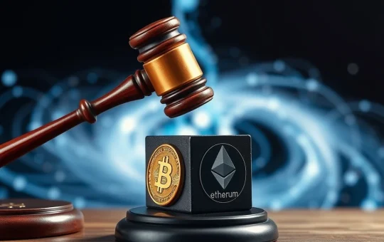 A gavel strikes down on crypto symbols, representing the DOJ's significant probe into Dragonfly Capital's Tornado Cash investment.