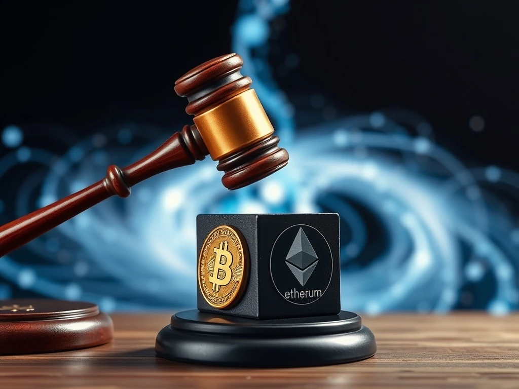 A gavel strikes down on crypto symbols, representing the DOJ's significant probe into Dragonfly Capital's Tornado Cash investment.