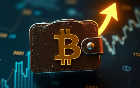 A vintage digital wallet icon glowing with a transfer symbol, representing the movement of dormant Bitcoin from an old Bitcoin wallet.