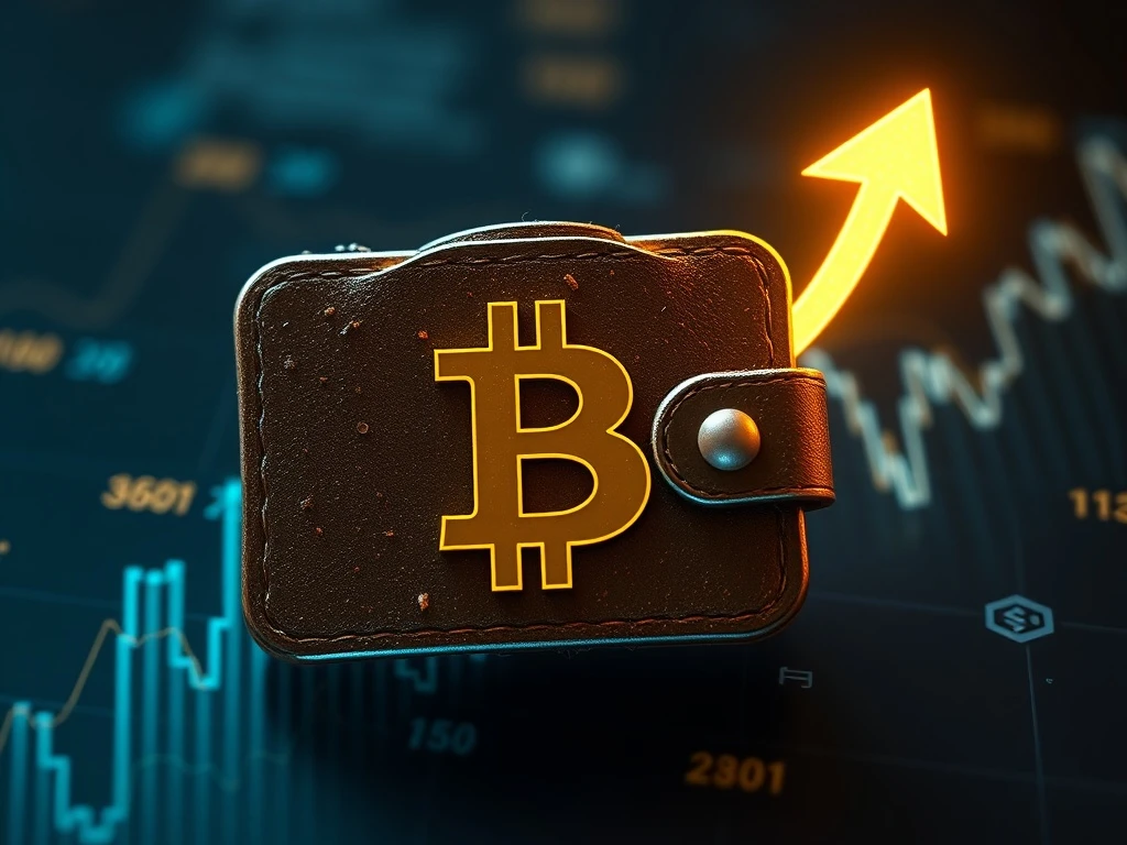 A vintage digital wallet icon glowing with a transfer symbol, representing the movement of dormant Bitcoin from an old Bitcoin wallet.