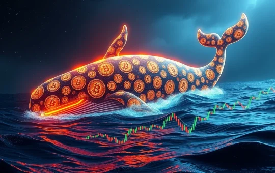 A digital whale made of Bitcoin symbols influencing market charts, representing the profound Bitcoin market impact of dormant whale movements.