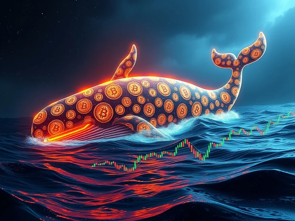 A digital whale made of Bitcoin symbols influencing market charts, representing the profound Bitcoin market impact of dormant whale movements.