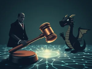 A gavel striking a blockchain, symbolizing the potential Dragonfly Capital charges and increasing crypto regulatory scrutiny.