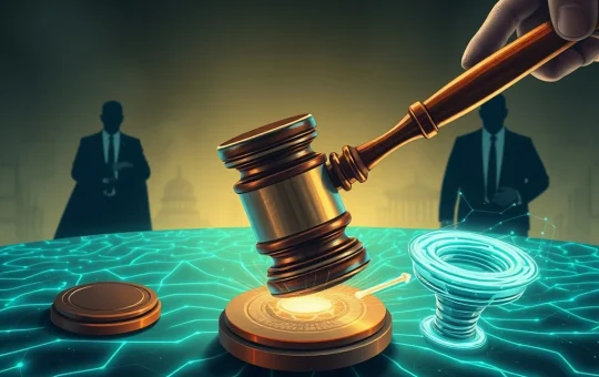 A gavel poised over a blockchain network, symbolizing the unprecedented DOJ charges against Dragonfly Capital and their chilling effect on crypto investment.