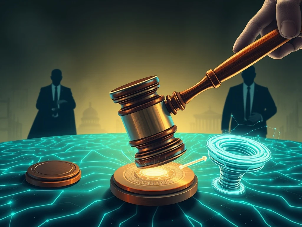 A gavel poised over a blockchain network, symbolizing the unprecedented DOJ charges against Dragonfly Capital and their chilling effect on crypto investment.