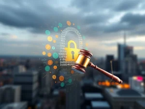 A digital illustration showing a legal gavel hovering over a blockchain network, symbolizing the intense DOJ probe into Dragonfly Capital and its past investments.