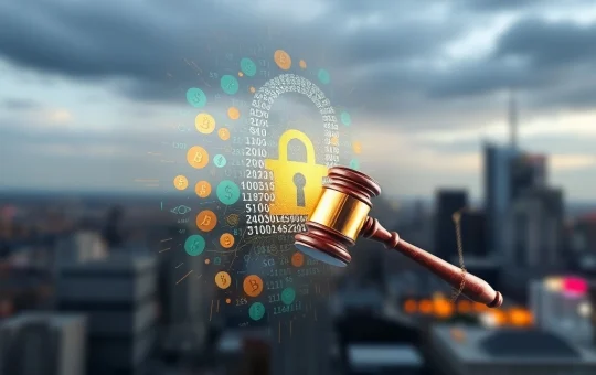 A digital illustration showing a legal gavel hovering over a blockchain network, symbolizing the intense DOJ probe into Dragonfly Capital and its past investments.
