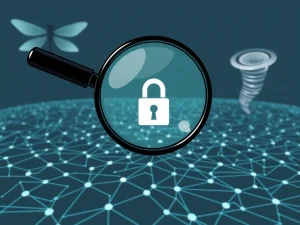 A magnifying glass examining a blockchain network, symbolizing the **Dragonfly Capital** probe into its investment in Tornado Cash.