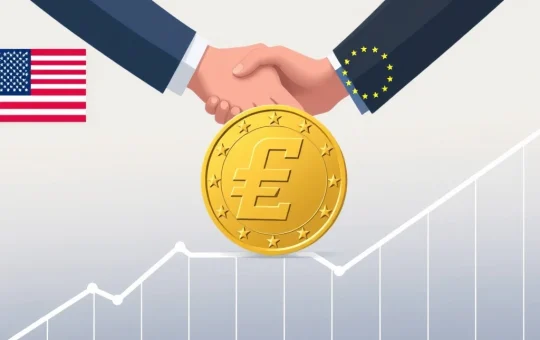 ECB officials deliberating interest rates amidst a backdrop of US-EU trade talks, symbolizing monetary policy stability.