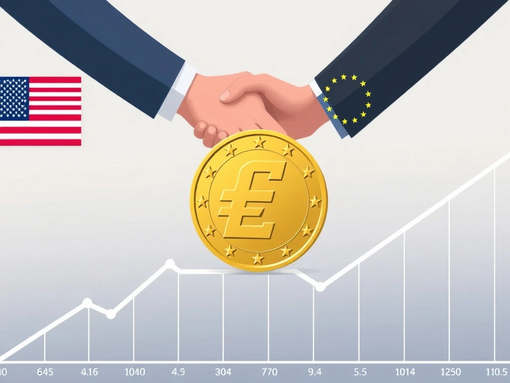ECB officials deliberating interest rates amidst a backdrop of US-EU trade talks, symbolizing monetary policy stability.