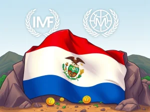 El Salvador Bitcoin policy shift, depicting a hand holding a Bitcoin coin under the shadow of the IMF, symbolizing the nation's economic challenges and new financial agreements.