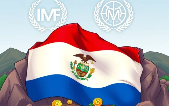 El Salvador Bitcoin policy shift, depicting a hand holding a Bitcoin coin under the shadow of the IMF, symbolizing the nation's economic challenges and new financial agreements.