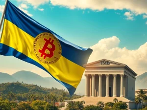 An illustration showing the Salvadoran flag with a Bitcoin symbol boldly confronting an IMF building, symbolizing El Salvador's Bitcoin challenge to global finance.