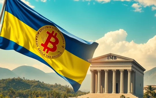 An illustration showing the Salvadoran flag with a Bitcoin symbol boldly confronting an IMF building, symbolizing El Salvador's Bitcoin challenge to global finance.