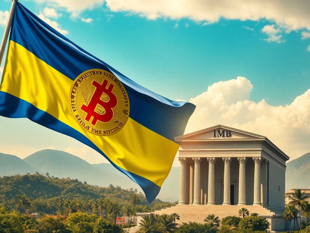 An illustration showing the Salvadoran flag with a Bitcoin symbol boldly confronting an IMF building, symbolizing El Salvador's Bitcoin challenge to global finance.