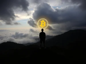A visual representation of the El Salvador Bitcoin strategy, showing the gap between government reserves and citizen benefit, with a Bitcoin symbol looking distant.
