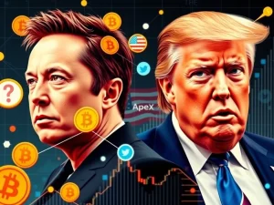 Elon Musk and Donald Trump's digital personas clashing, symbolizing the shift in top crypto influencer status, highlighted by the latest Bitcoin News Today.