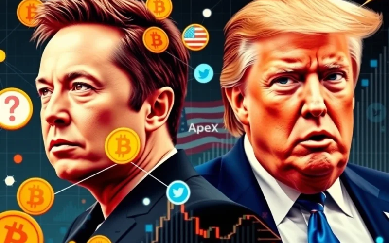 Elon Musk and Donald Trump's digital personas clashing, symbolizing the shift in top crypto influencer status, highlighted by the latest Bitcoin News Today.