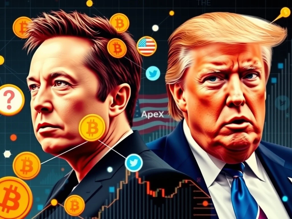 Elon Musk and Donald Trump's digital personas clashing, symbolizing the shift in top crypto influencer status, highlighted by the latest Bitcoin News Today.