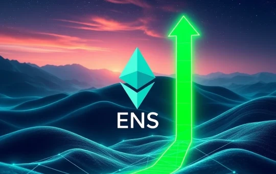 ENS token price surge chart with upward arrows, representing the explosive growth driven by governance upgrades and expanding Ethereum Name Service adoption.
