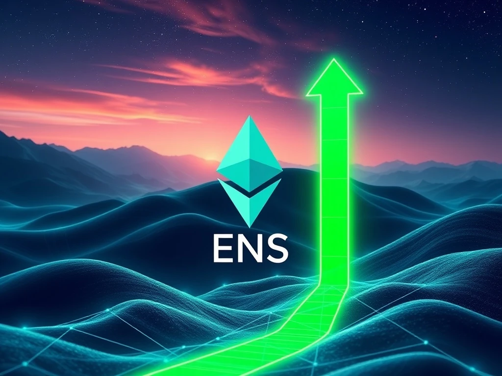 ENS token price surge chart with upward arrows, representing the explosive growth driven by governance upgrades and expanding Ethereum Name Service adoption.