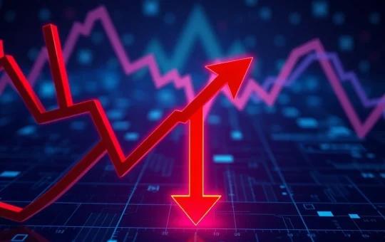 A dramatic red downward arrow on a digital chart, symbolizing the sharp EPIC crypto price drop and market volatility.