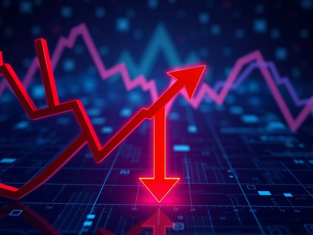 A dramatic red downward arrow on a digital chart, symbolizing the sharp EPIC crypto price drop and market volatility.