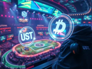 Digital interface showing esports betting odds with crypto symbols, highlighting secure transactions and the rise of crypto adoption.