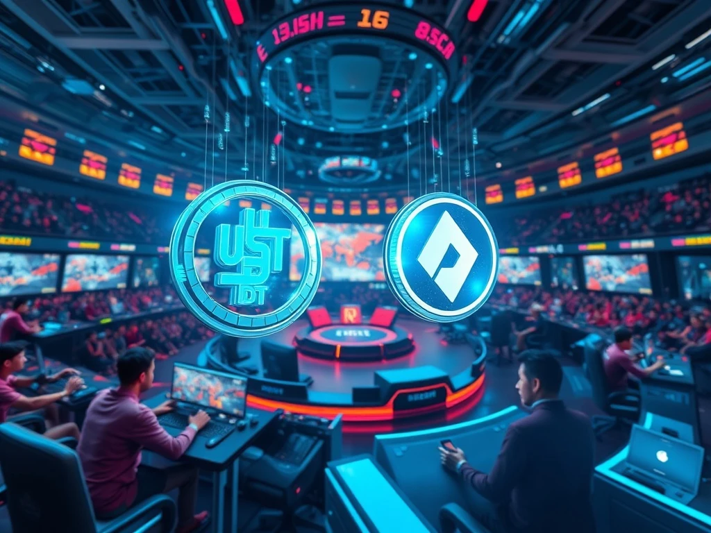 A dynamic image illustrating the integration of cryptocurrency into esports betting, highlighting the seamless global transactions enabled by stablecoins and privacy coins.